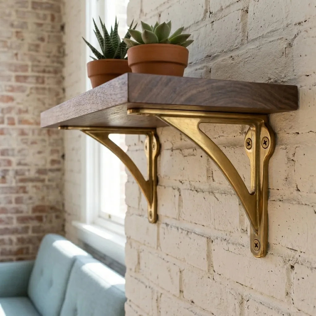 Decorative brass wall brackets with a classic curved profile, ideal for creating floating shelves with a warm metallic accent