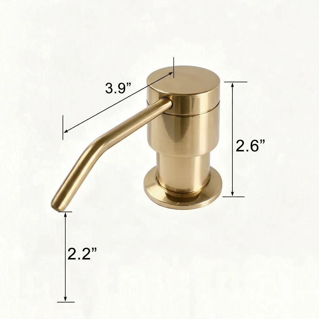 Unlacquered brass soap dispenser with dimension callouts showing a height of 2.6 inches, a spout width of 3.