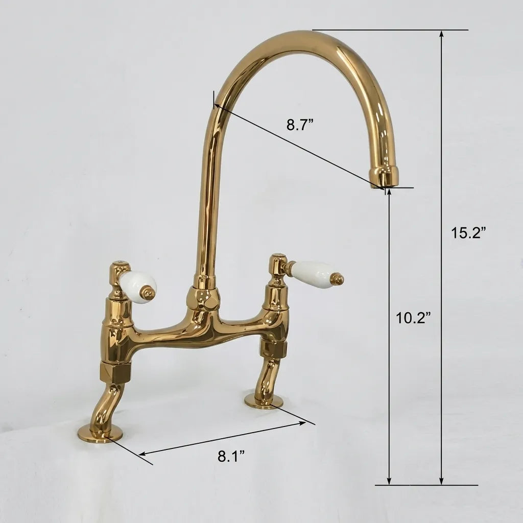 Unlacquered Brass Bridge Kitchen Faucet with White Porcelain Handles