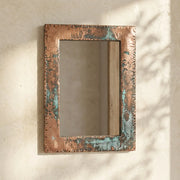 Oxidized Copper Wall Mirror with Verdigris Patina Frame and Rectangular Design