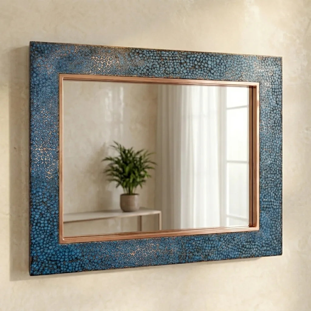 Blue Verdigris Copper Wall Mirror with Hammered Metal Frame and Rectangular Design