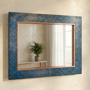 Blue Verdigris Copper Wall Mirror with Hammered Metal Frame and Rectangular Design