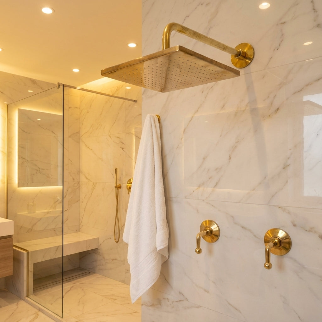 Square solid brass shower set with concealed wall controls