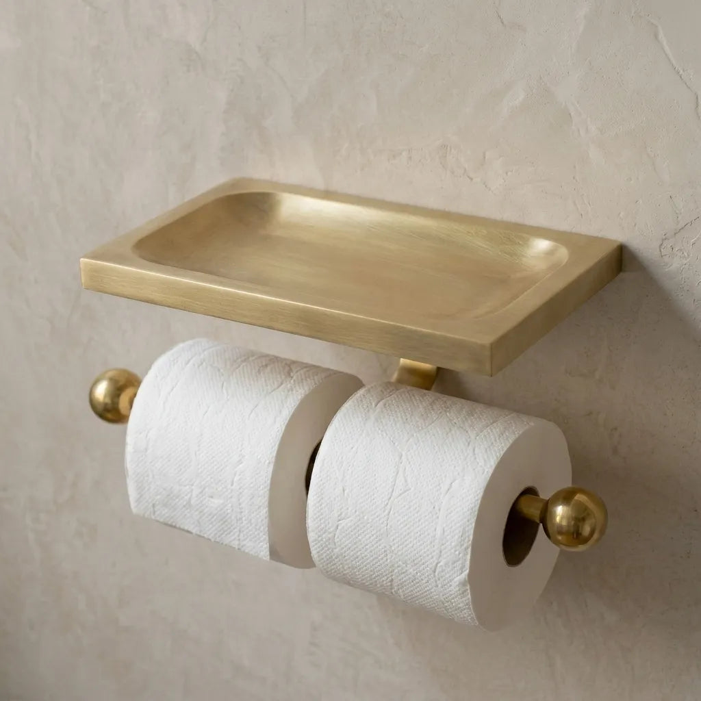 Wall mounted brass toilet tissue holder featuring a built in shelf for toiletries and bathroom essentials