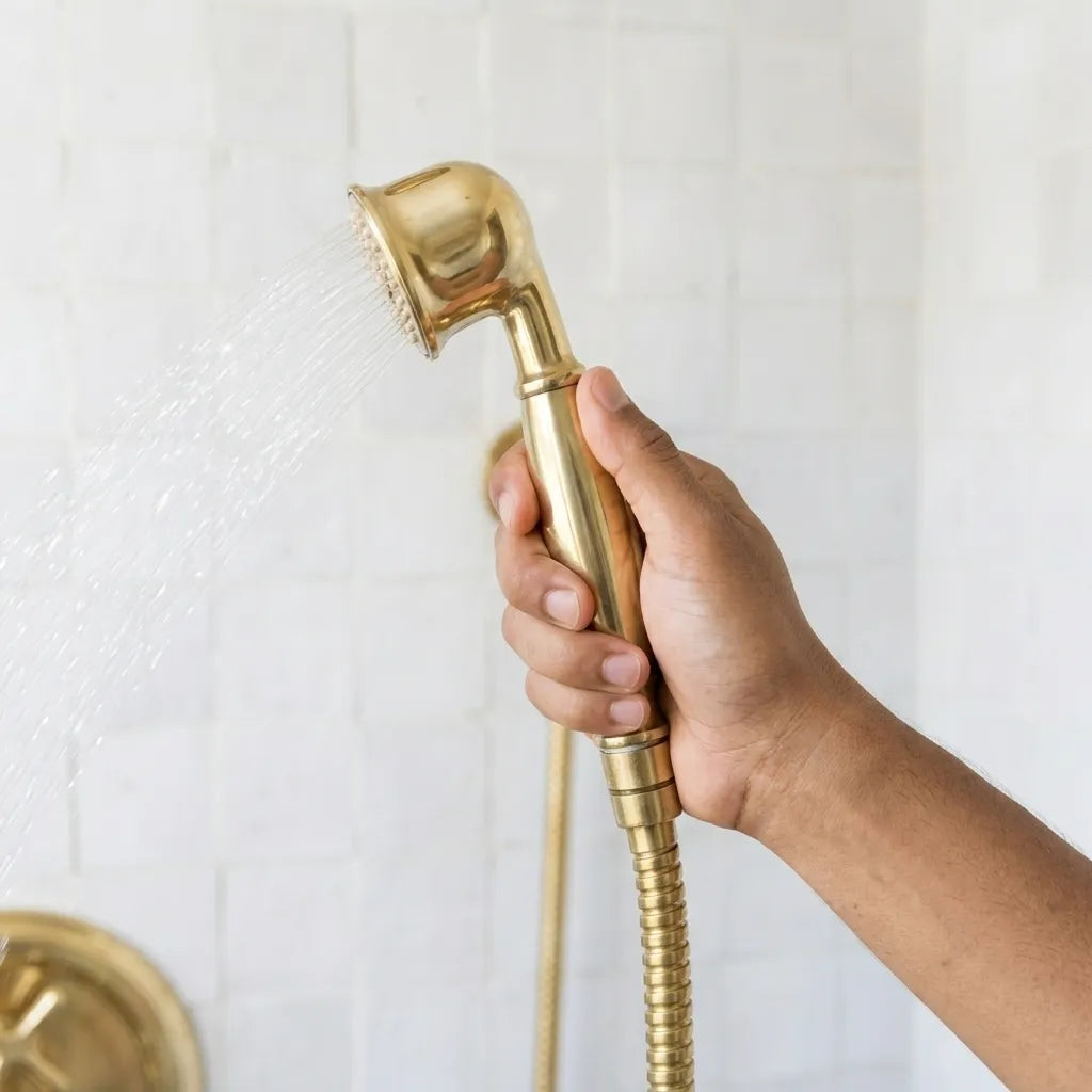 A hand holding a polished brass handheld shower head spraying water, set against a white tiled bathroom wall.