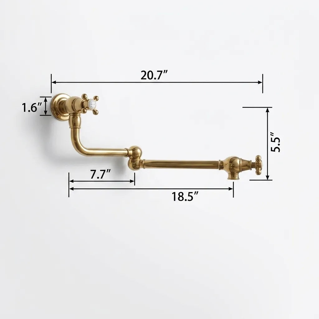 An antique brass wall-mounted faucet spout with dimension callouts showing measurements of 20.7 inches, 1.