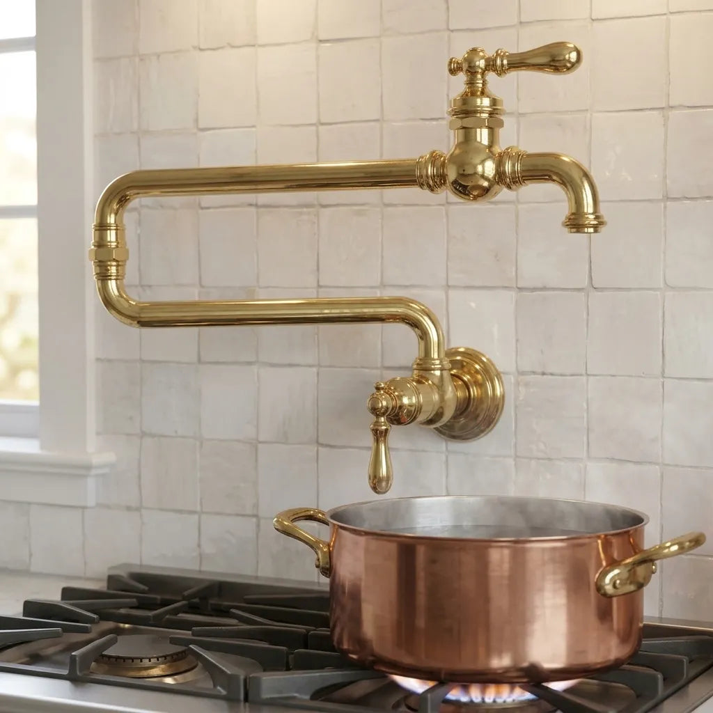 A polished brass wall-mounted kitchen faucet with a curved gooseneck spout and separate handle, shown above a copper pot on a gas stovetop against a white tiled backsplash.