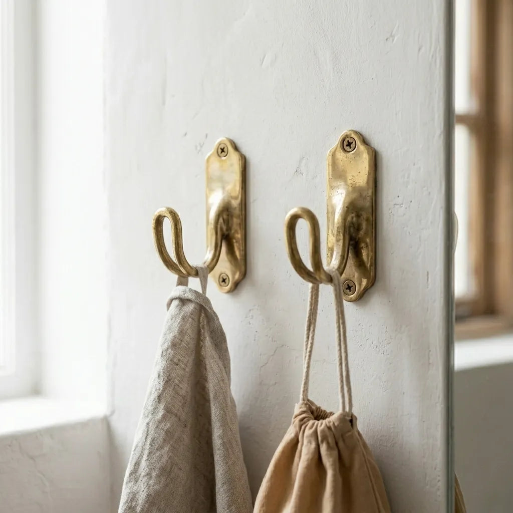 Decorative unlacquered brass wall hanger featuring a classic scroll hook and vintage rectangular mounting plate.