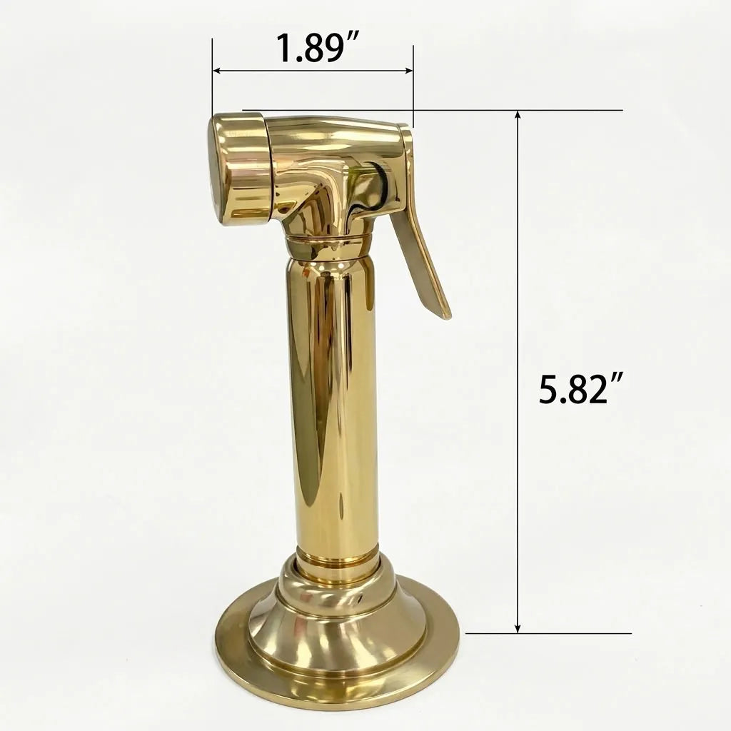 Unlacquered brass kitchen sink rinse set with metal hose, deck holder and water control valve