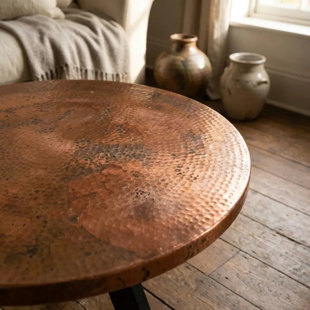 Rustic Round Copper Accent Table with Warm Patina Finish and Modern Metal Legs