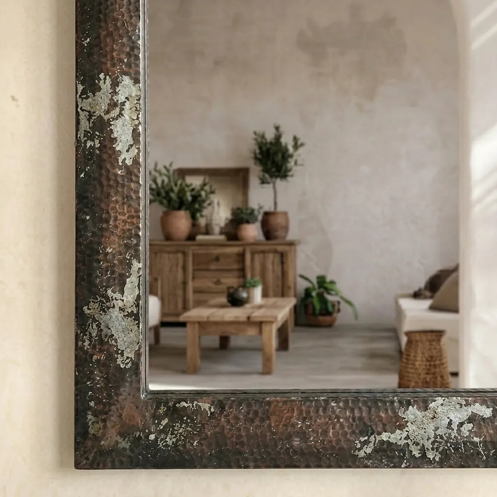 Rectangular Industrial Wall Mirror with Weathered Metal Frame for Rustic Home Decor