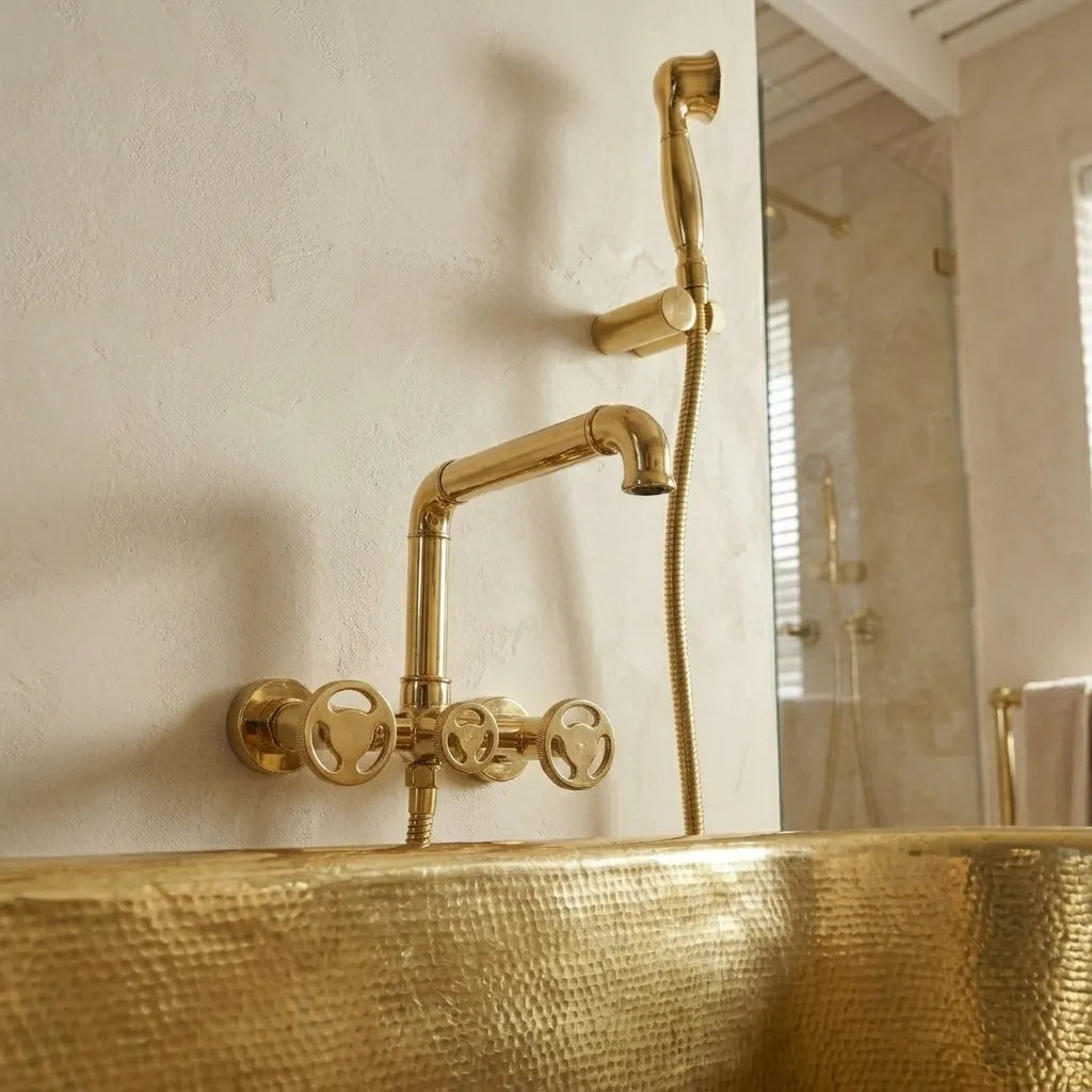 A polished brass wall-mounted bathtub faucet set with a handheld shower attachment, shown installed above a hammered brass tub basin in a warm bathroom setting.