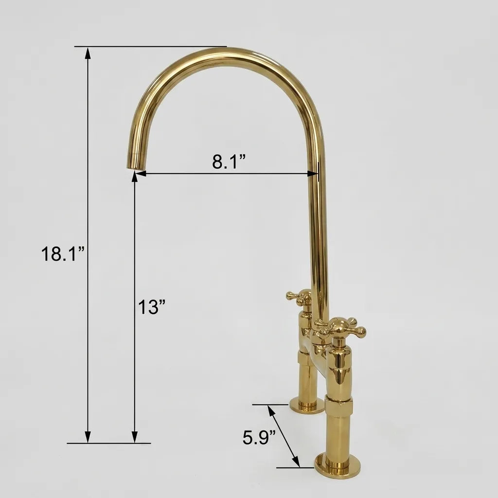 Unlacquered Brass Offset Bridge Kitchen Faucet with Cross Handles