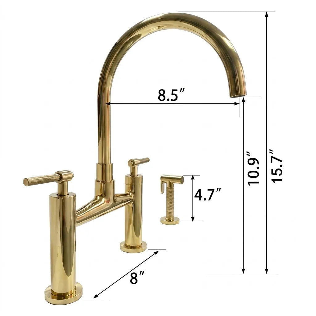 Gold brass kitchen faucet with two lever handles, a high-arc spout, and a separate side sprayer, shown with dimension callouts on a white background.