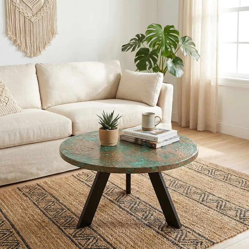 Handmade Round Copper Accent Table Featuring Green Verdigris Patina and Textured Surface