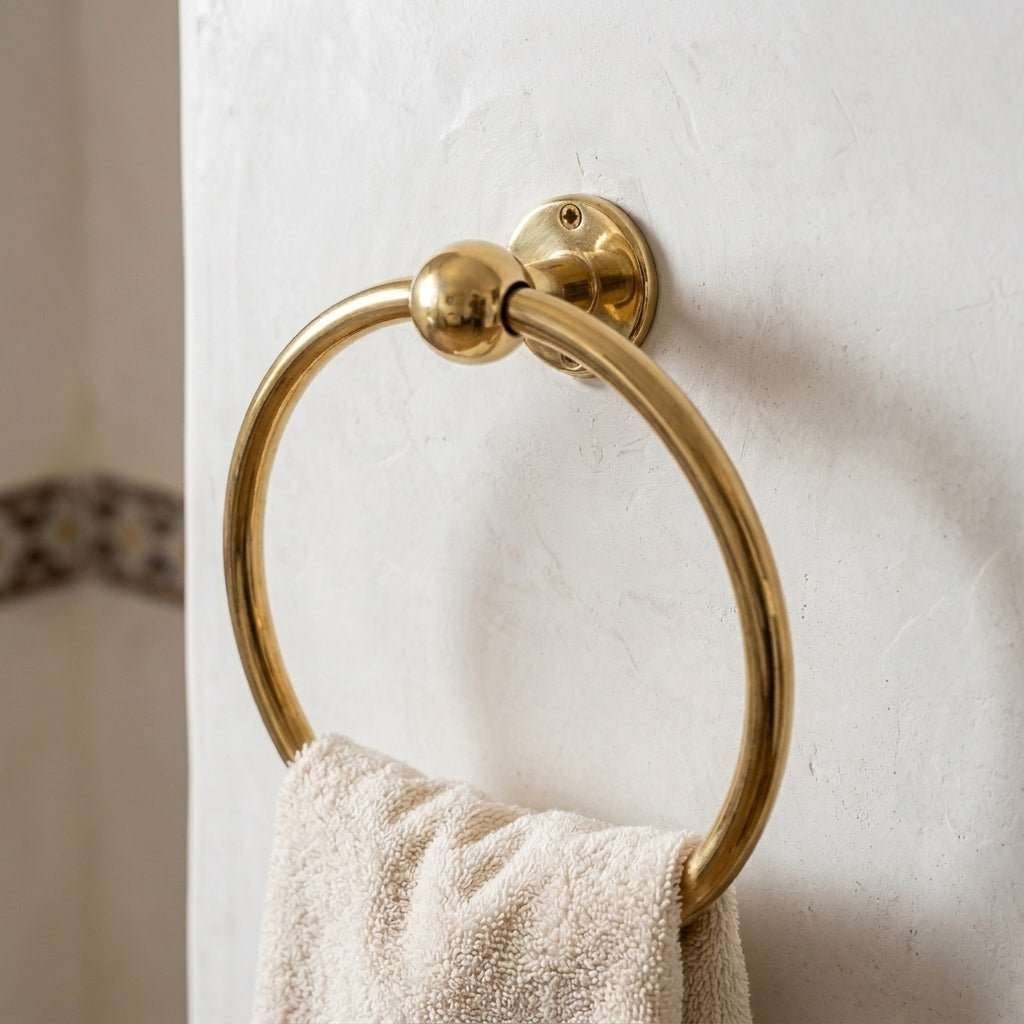 Classic solid brass towel loop mounted on a bathroom wall holding a white hand towel.