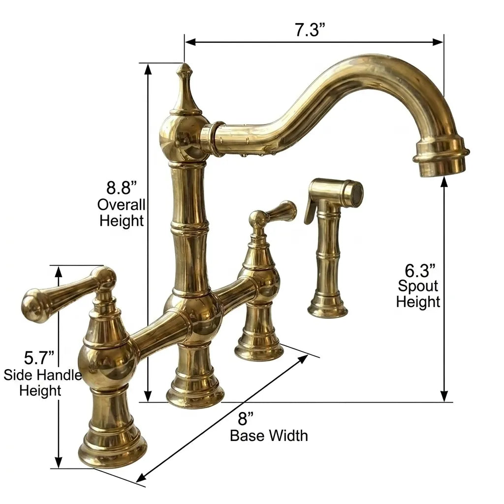 A brass kitchen faucet set with dimension callouts showing overall height, spout height, side handle height, base width, and faucet width on a white background.