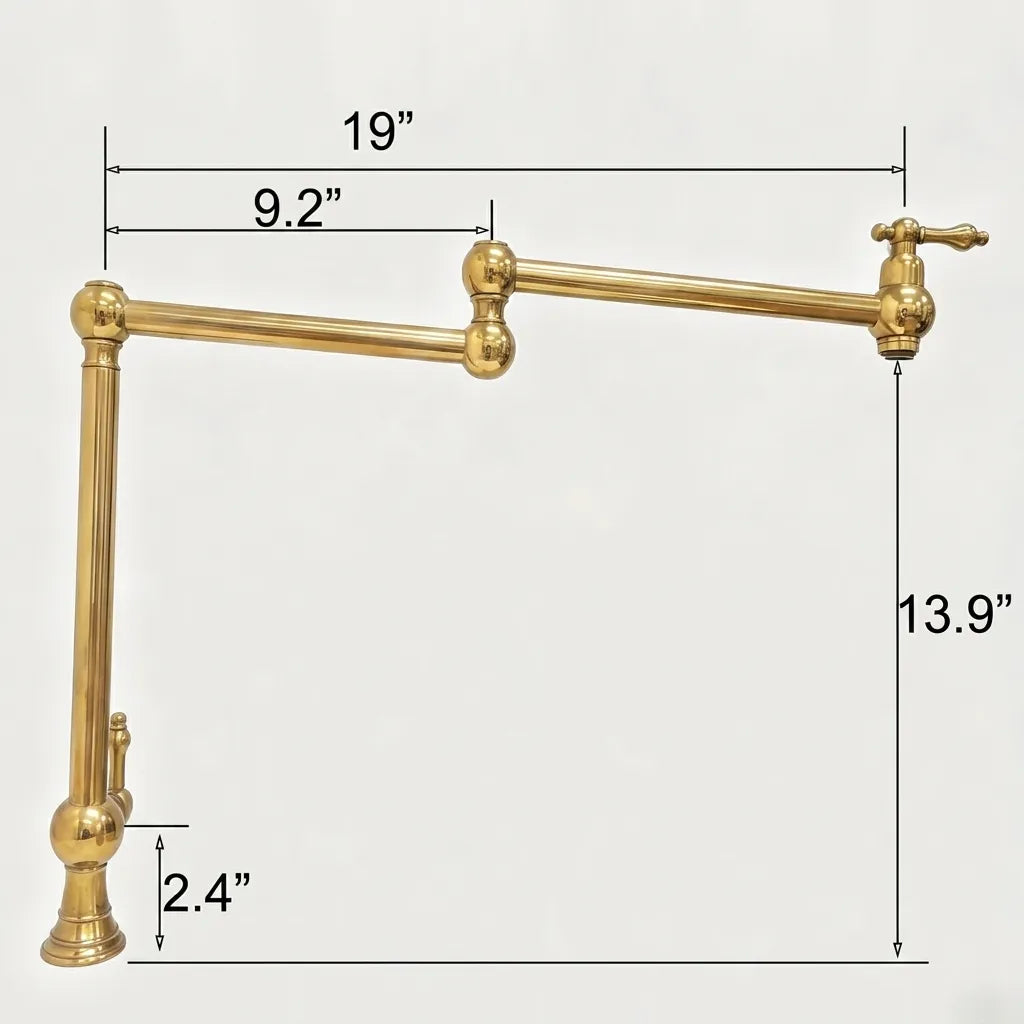A polished brass kitchen faucet with an articulated gooseneck spout and side lever, shown with overlaid dimension lines and measurements: 19 inches total width, 9.2 inches from the left post to the spout tip, 13.