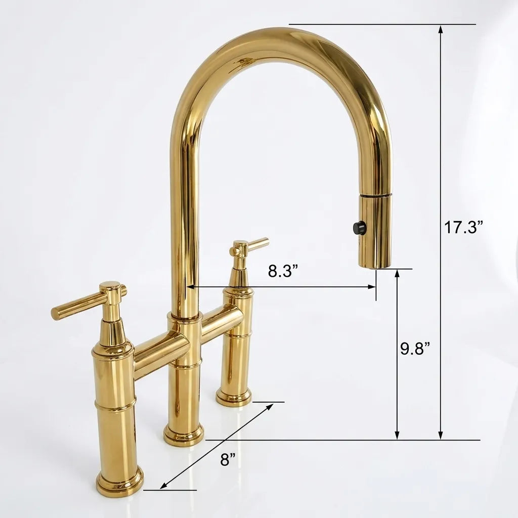 Gold bridge faucet with two handles and dimension annotations showing 17.3 inches tall, 9.