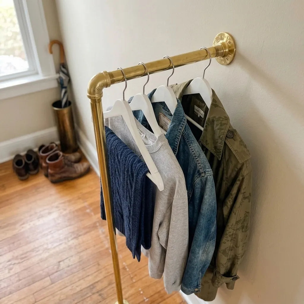 Minimalist floor-supported brass garment rack for walk-in closet