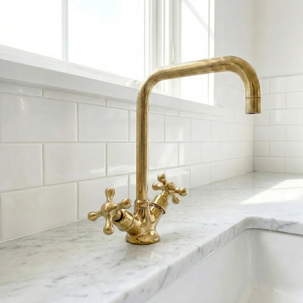 Traditional brass bathroom faucet with square gooseneck spout and cross handles installed on a marble vanity countertop