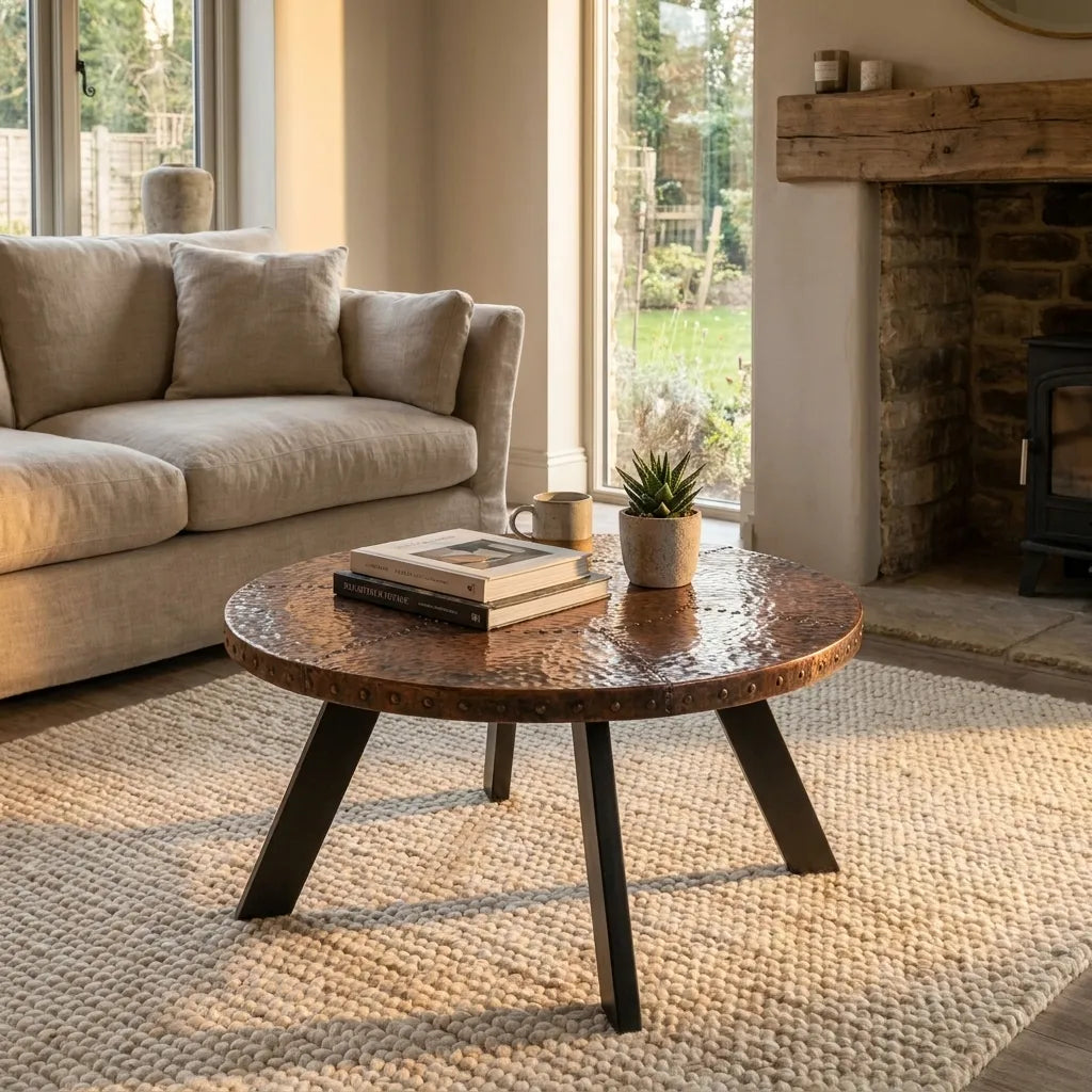 Handmade Copper Accent Table Featuring Textured Round Top and Metal Base