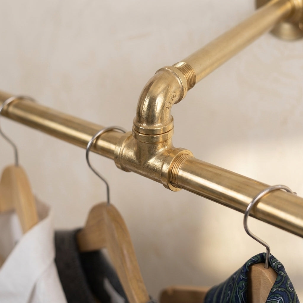 Custom solid brass ceiling clothes rod installed in a modern dressing room.
