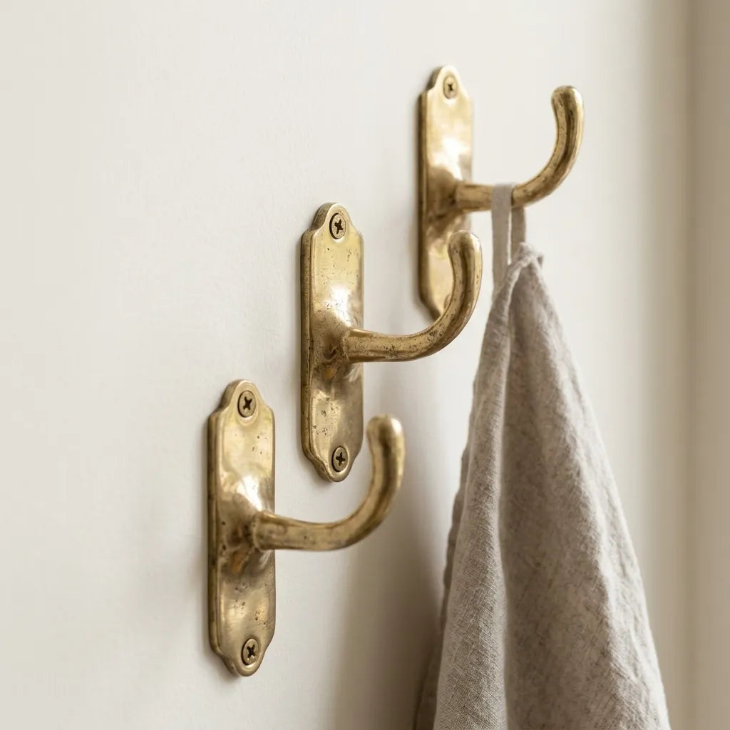Traditional brass wall-mounted hook with elegant curved arm and classic rectangular backplate.