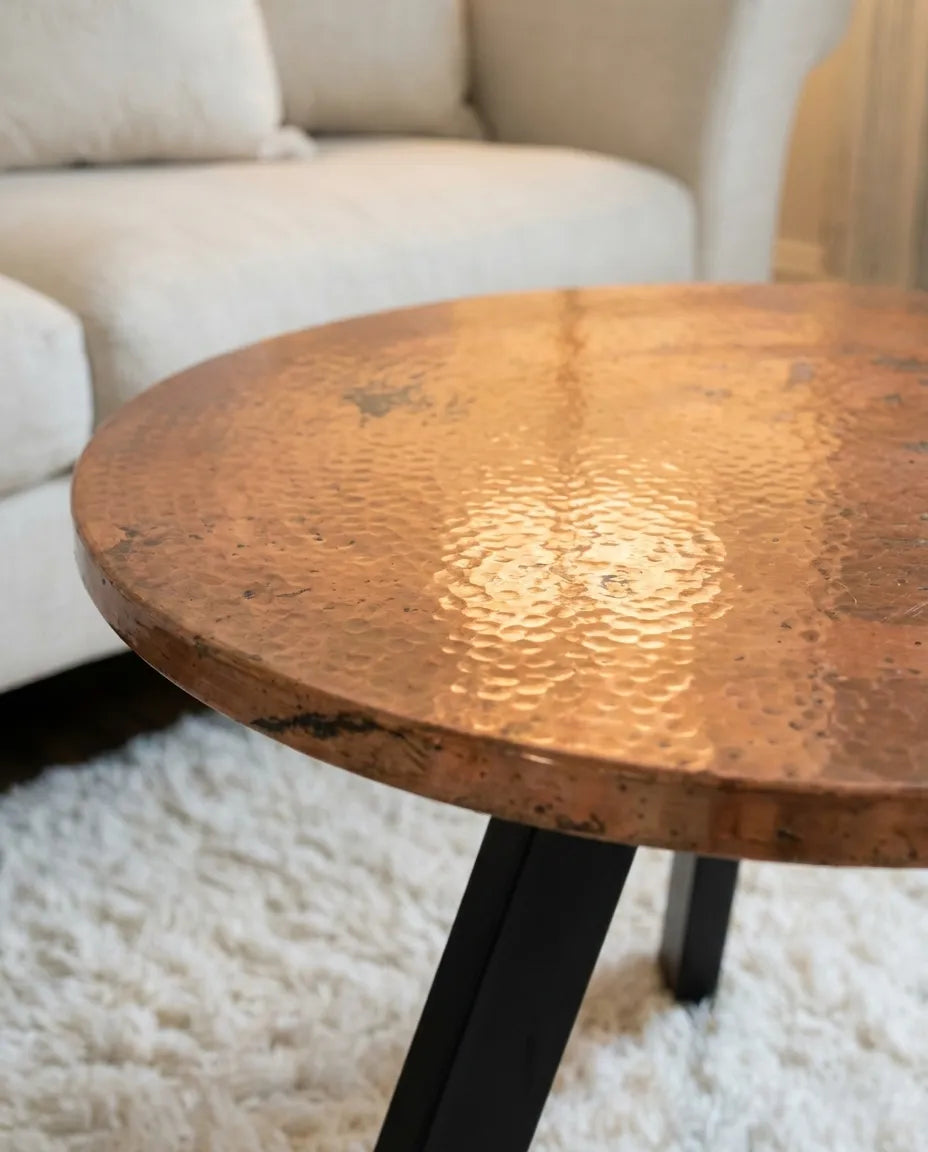 Artisan Copper Coffee Table with Circular Hammered Surface for Cozy Interiors