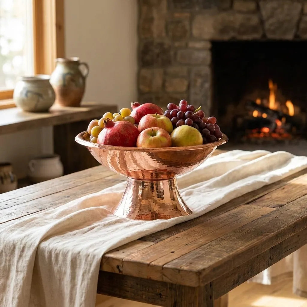 Large hammered copper footed fruit bowl featuring a polished finish and elegant pedestal base for kitchen decor.