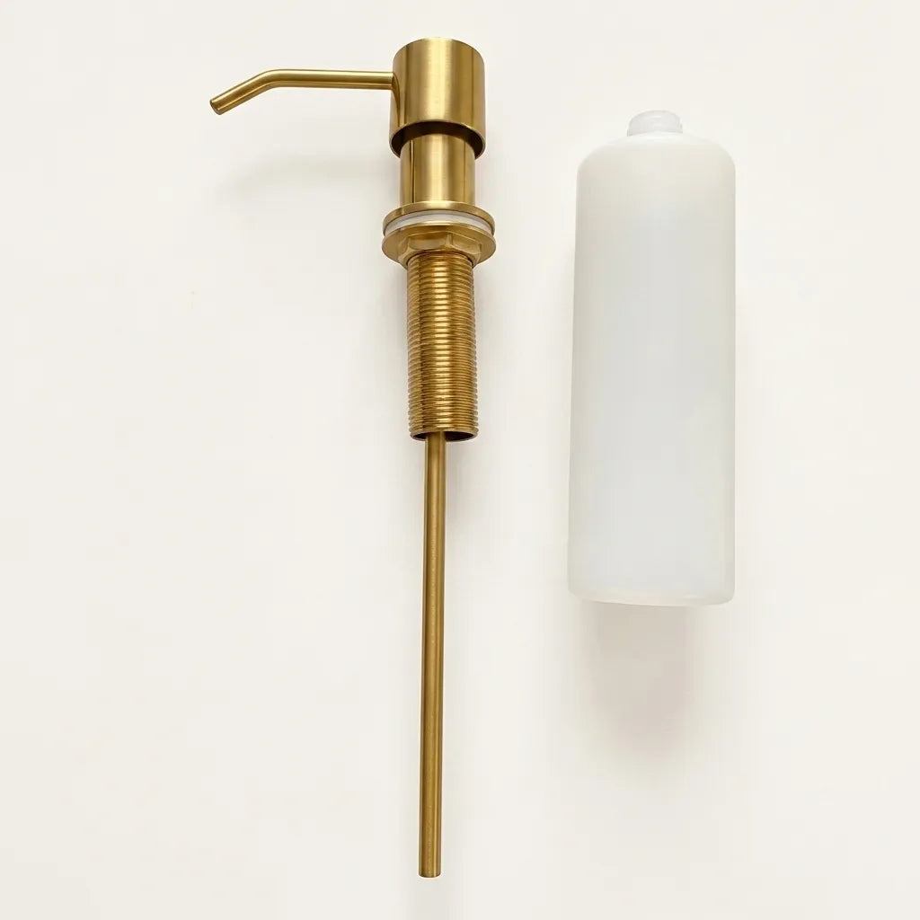 Unlacquered brass sink soap dispenser with refill bottle and under-counter pump assembly