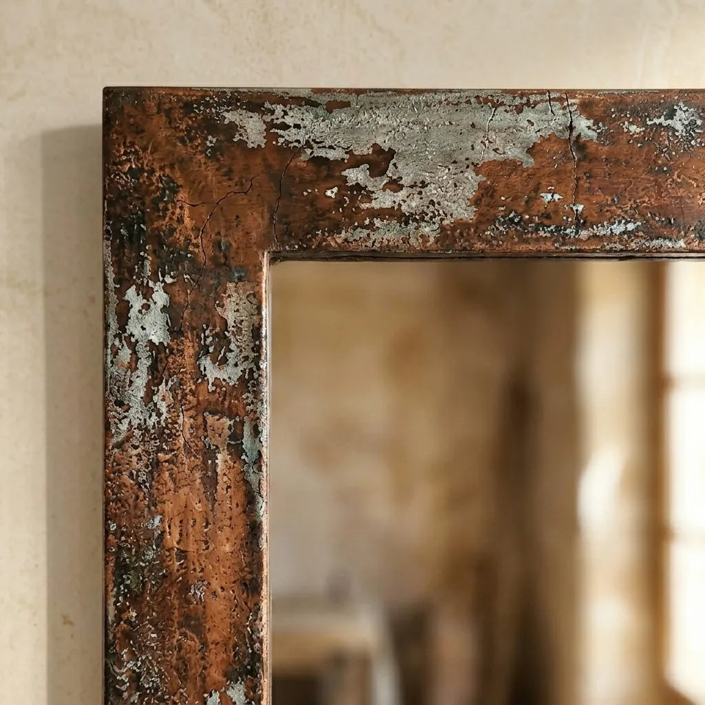Handmade Patinated Copper Wall Mirror with Textured Oxidized Finish and Artisan Craftsmanship