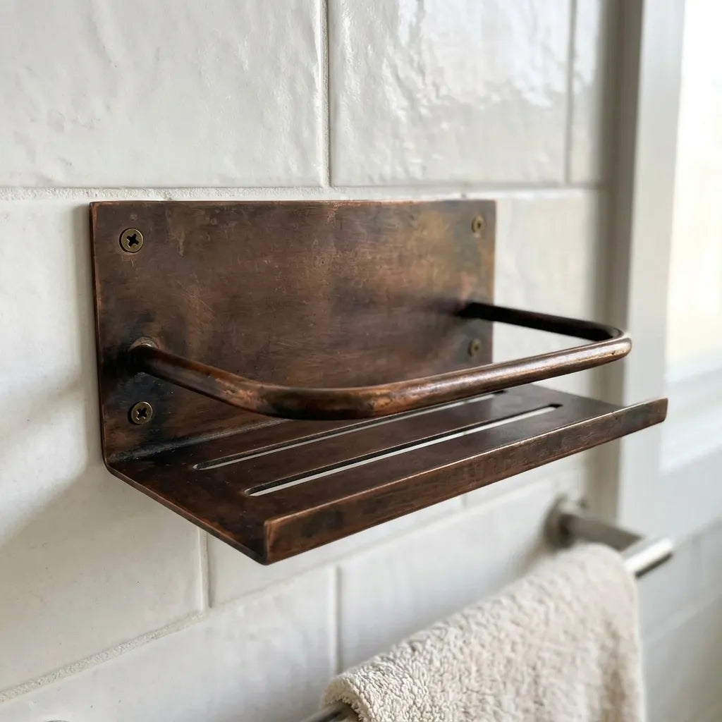 Rustic Aged Copper Toilet Paper Holder Shelf with Integrated Roll Bar