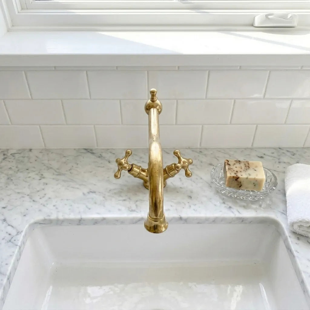 Luxury brass kitchen mixer tap with vintage inspired detailing, warm living finish, and elegant bridge style construction