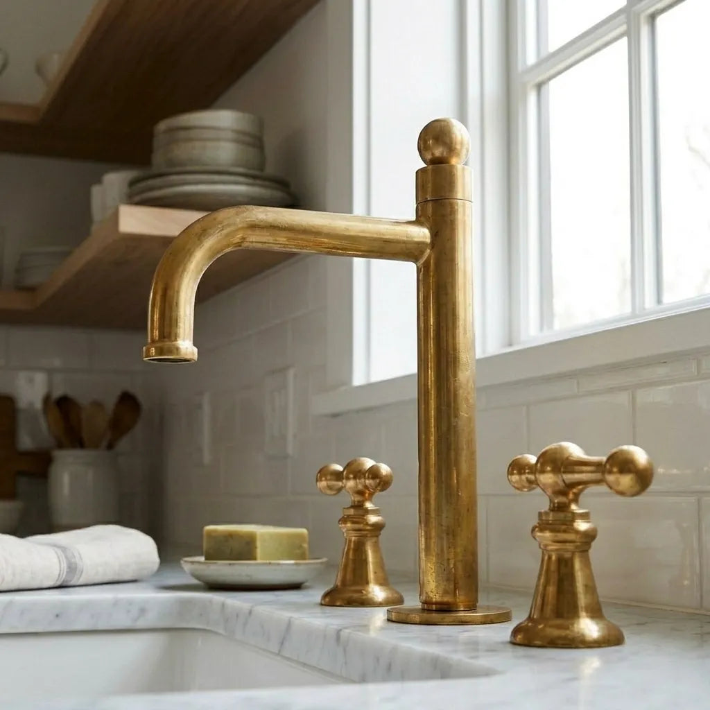 Solid brass deck mount faucet with double lever controls and architectural profile beside a farmhouse sink