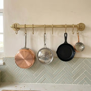 Solid brass kitchen utensil hanging rail with removable S-hooks