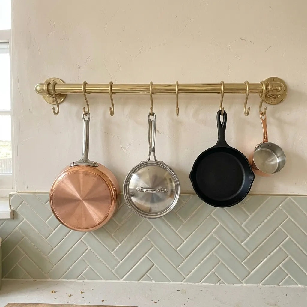 Solid brass kitchen utensil hanging rail with removable S-hooks