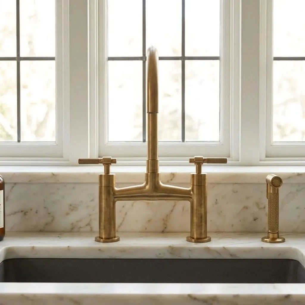 Unlacquered Brass Bridge Kitchen Faucet with High Arc & Side Sprayer