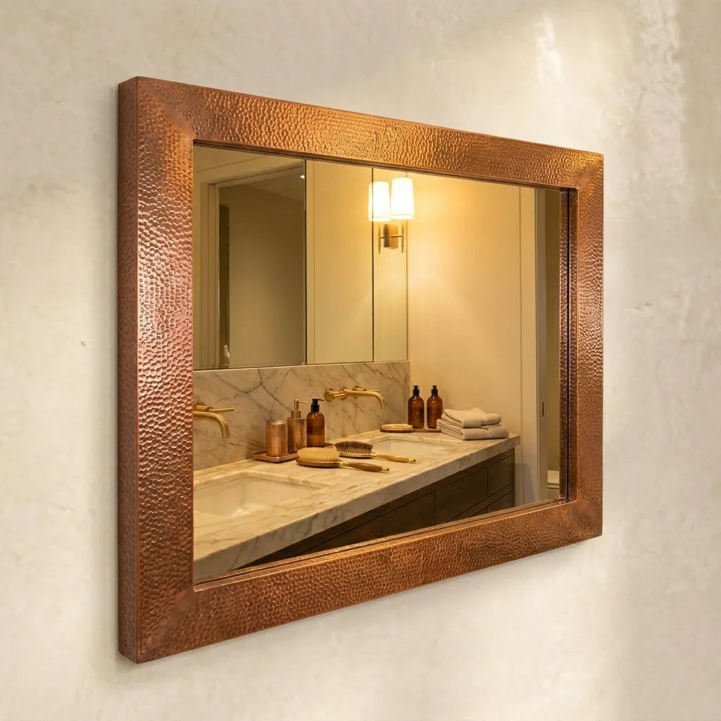 Hammered Copper Wall Mirror with Handcrafted Rectangular Frame for Rustic Bathroom Decor