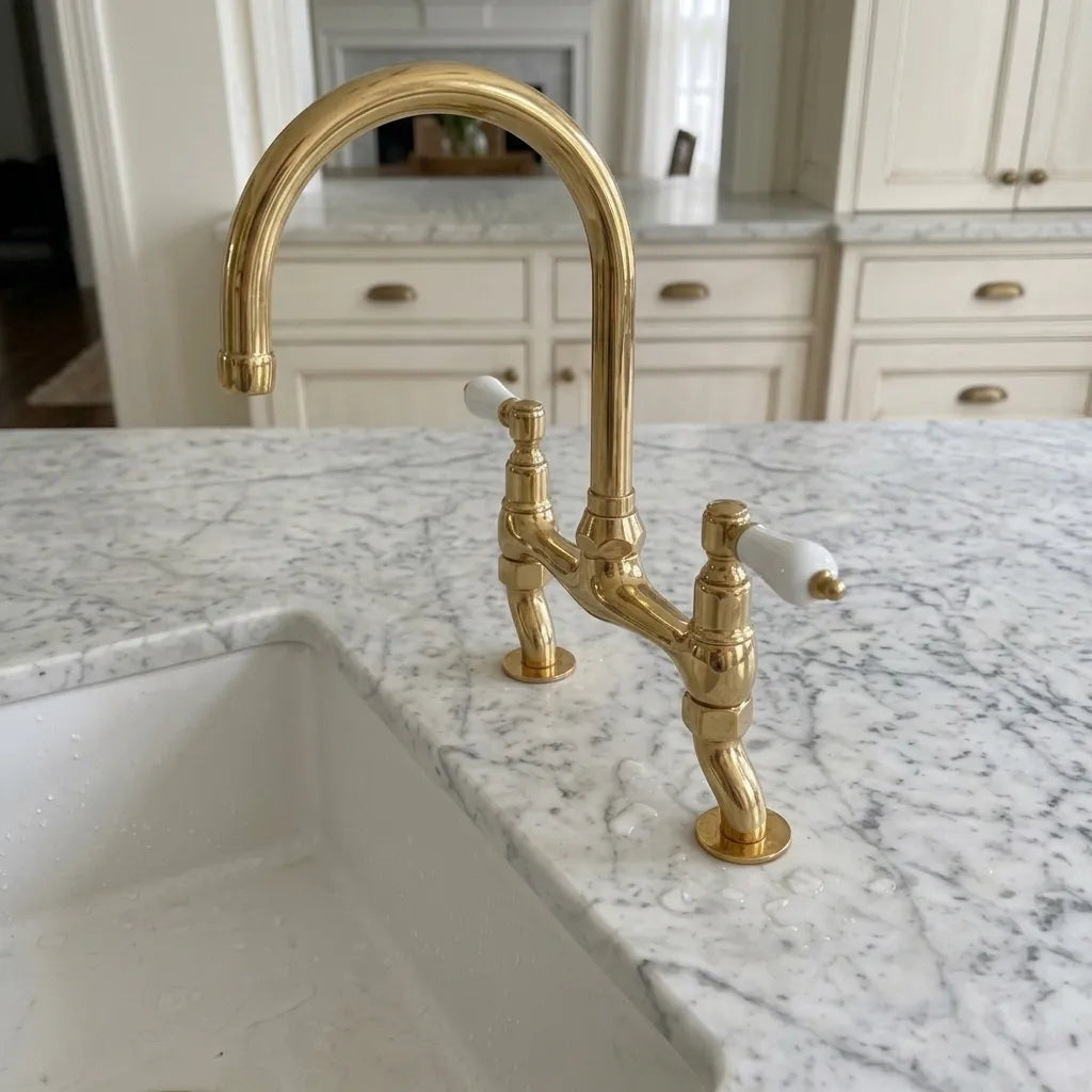 Unlacquered brass bridge faucet with two white ceramic handles installed on a white marble kitchen sink countertop, with cream-colored cabinets in the background.