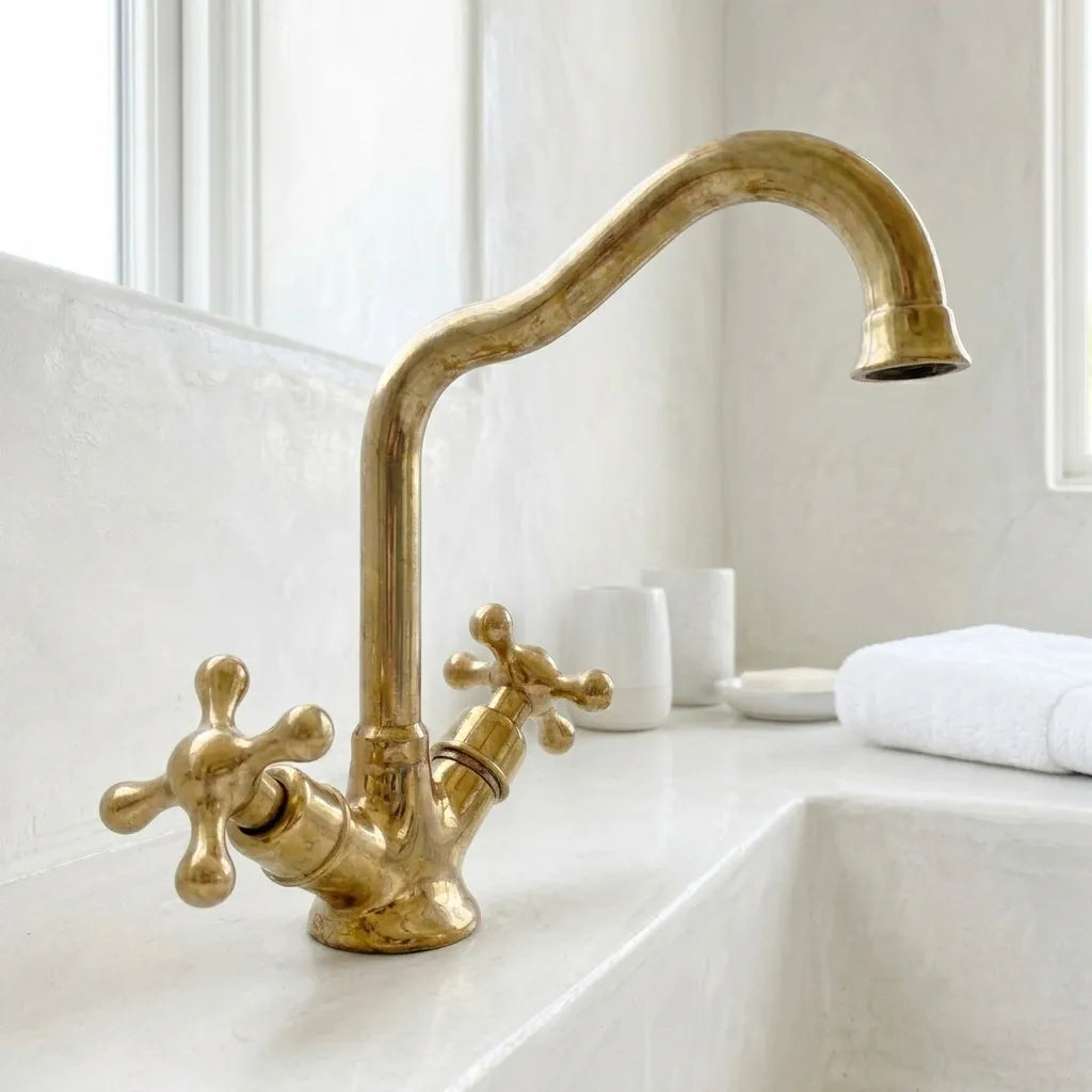 Polished brass deck mount vanity faucet featuring traditional cross controls and curved bridge style spout