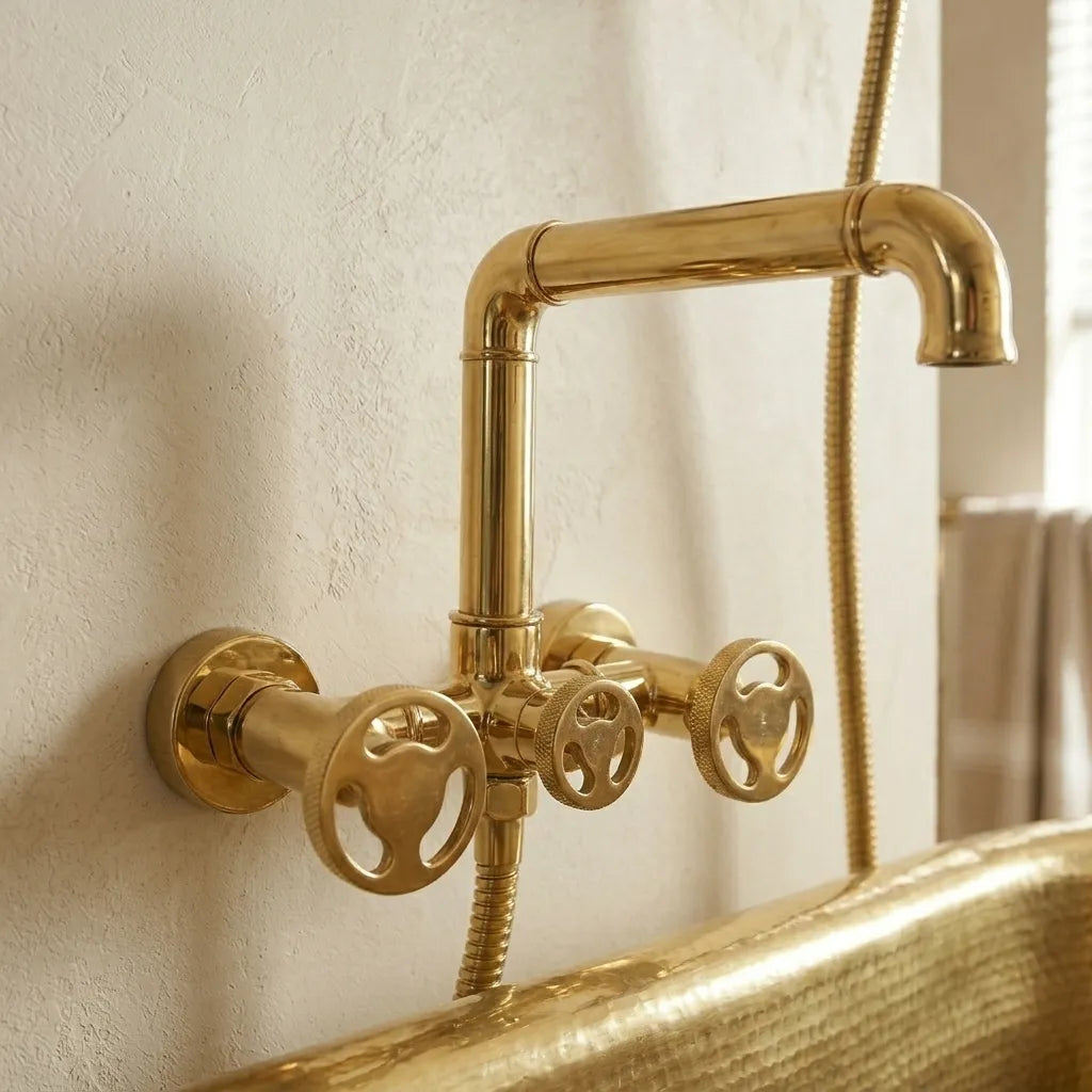 A polished brass bathtub faucet set with two decorative wheel handles, a curved spout, and a matching handheld shower hose mounted on a textured beige wall above a gold-toned tub edge.