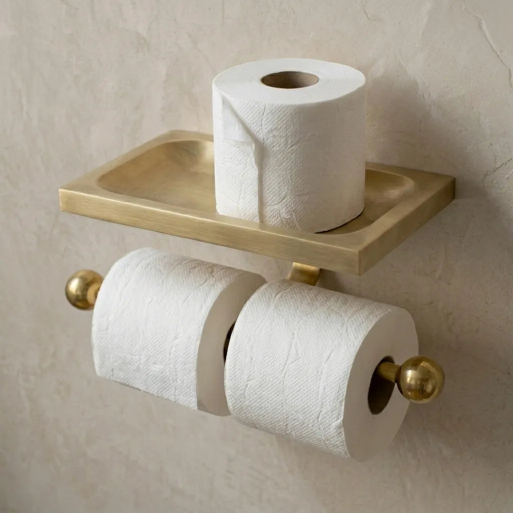 Luxury brass toilet paper dispenser with top shelf storage, dual roll capacity, and minimalist wall mounted design