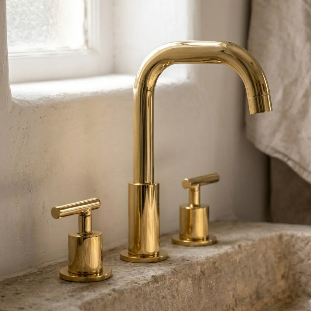 A polished brass three-hole bathroom faucet set with a high-arc spout and two separate lever handles, installed on a stone sink next to a window.