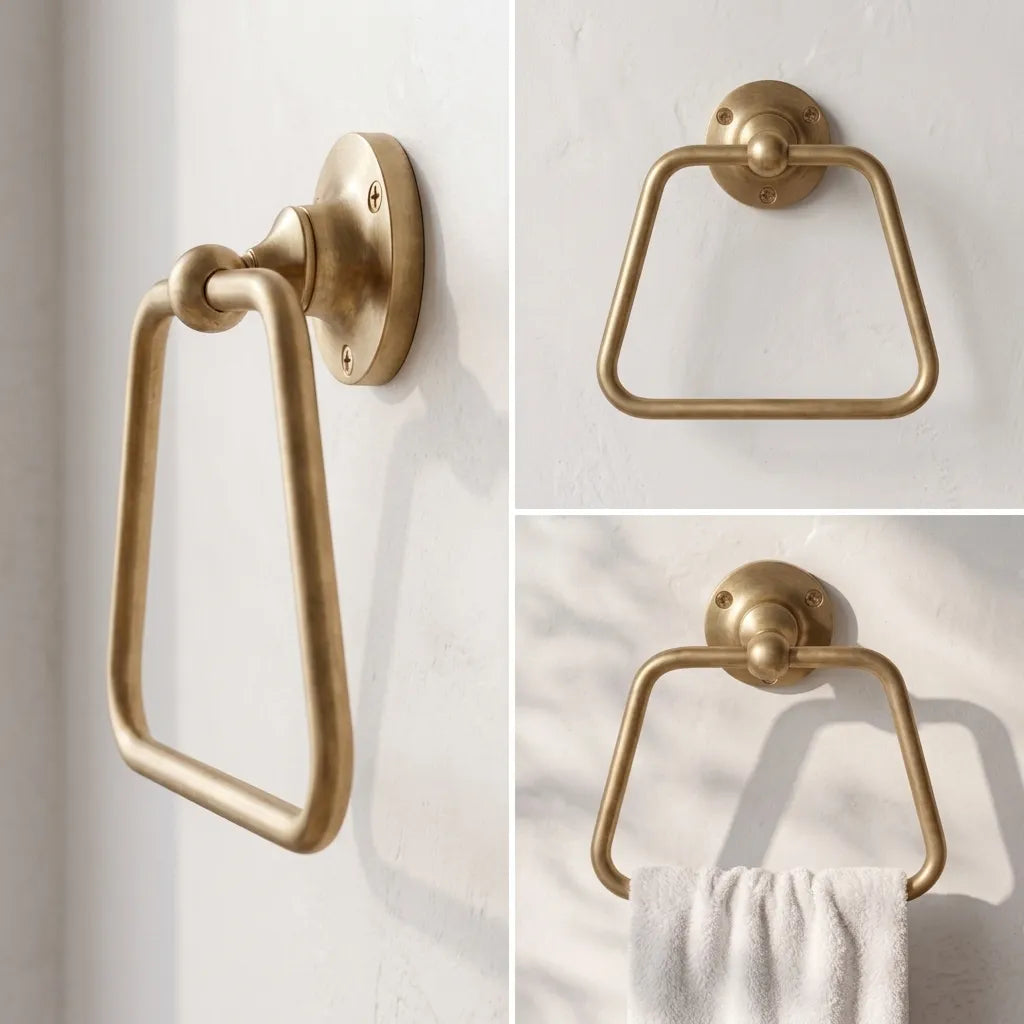 Geometric Brass Hand Towel Holder with Rounded Trapezoid Design
