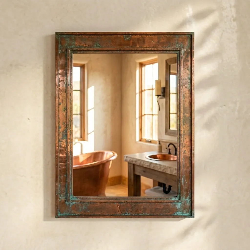 Verdigris Copper Wall Mirror with Aged Patina Frame and Rustic Bathroom Style