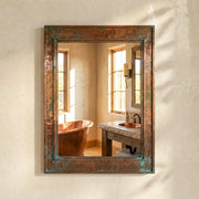Verdigris Copper Wall Mirror with Aged Patina Frame and Rustic Bathroom Style