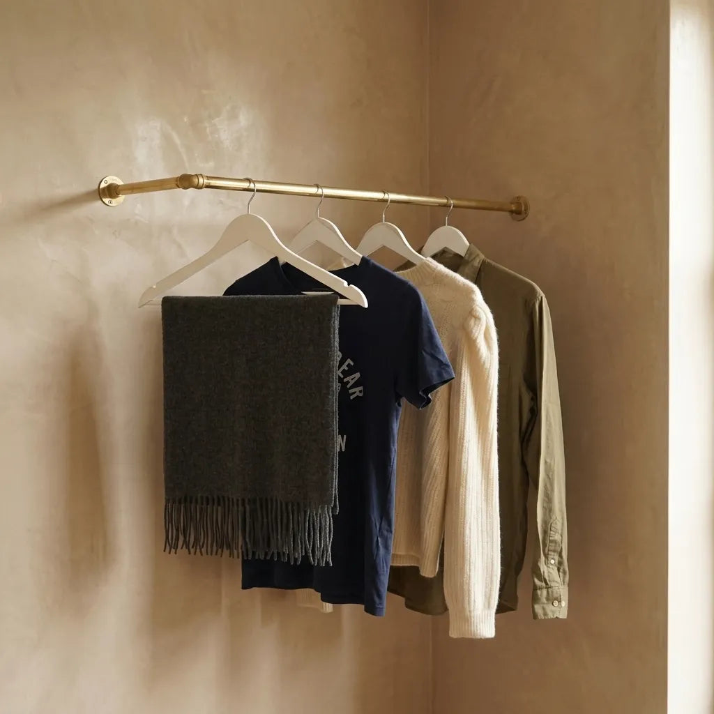 Handcrafted brass corner garment rail with hanging clothes in a dressing room.