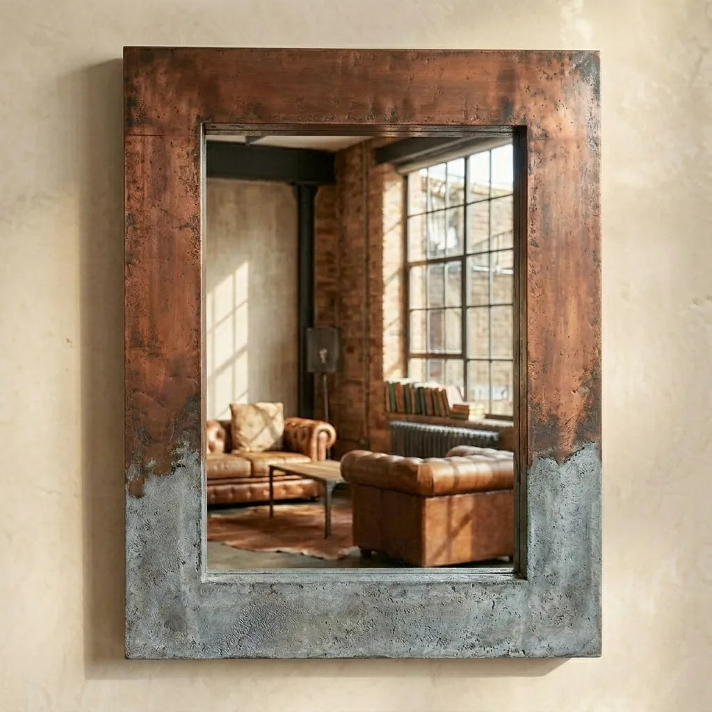 Handmade Mixed Metal Mirror Featuring Aged Copper and Zinc Finish for Industrial Decor