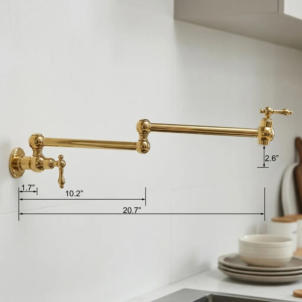 Gold wall-mounted kitchen faucet with adjustable arm and handle, shown on a white wall with dimension callouts for length and height.